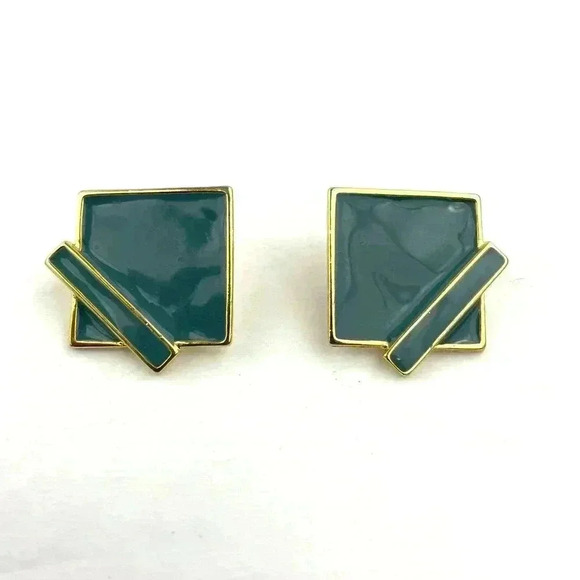 VTG Gold Tone Square Green Enamel Earrings Retro 1" Stamped R - Picture 5 of 11
